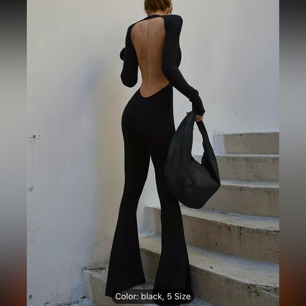 Backless Flared Leg Jumpsuit, Sexy Solid Long Sleeve Bodycon Jumpsuit size M